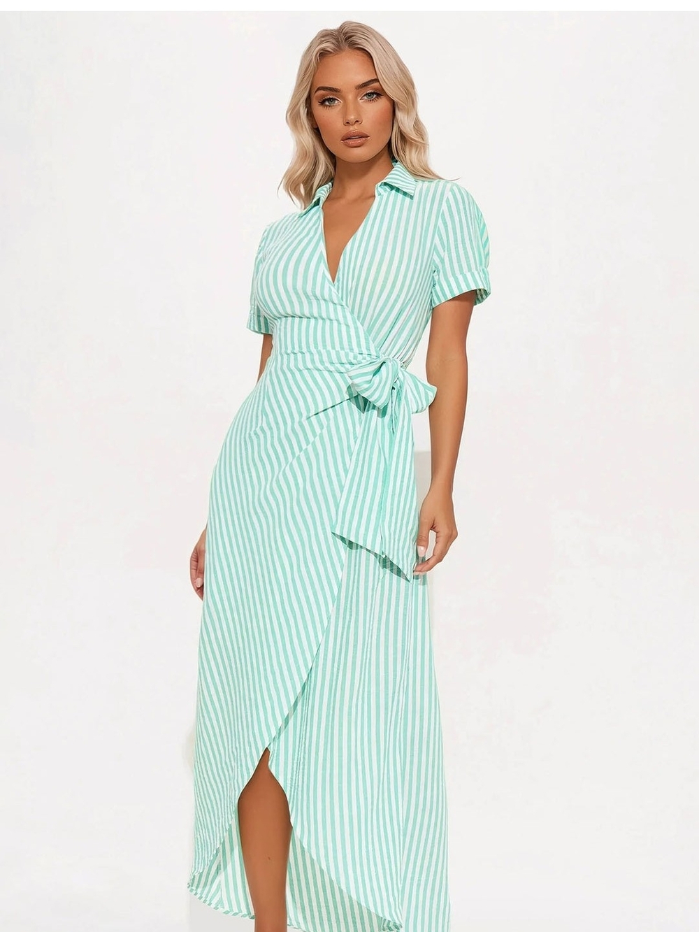 Mint & White Striped Wrap Maxi Dress